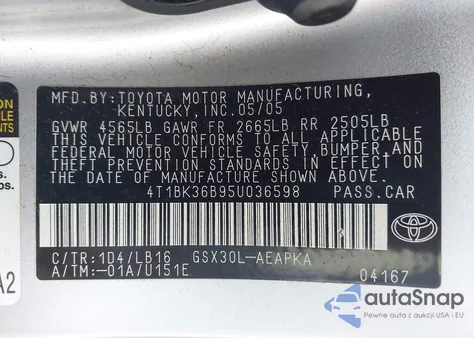 2005 Toyota Avalon Limited из США, поврежденный, VIN 4T1BK36B95U036598